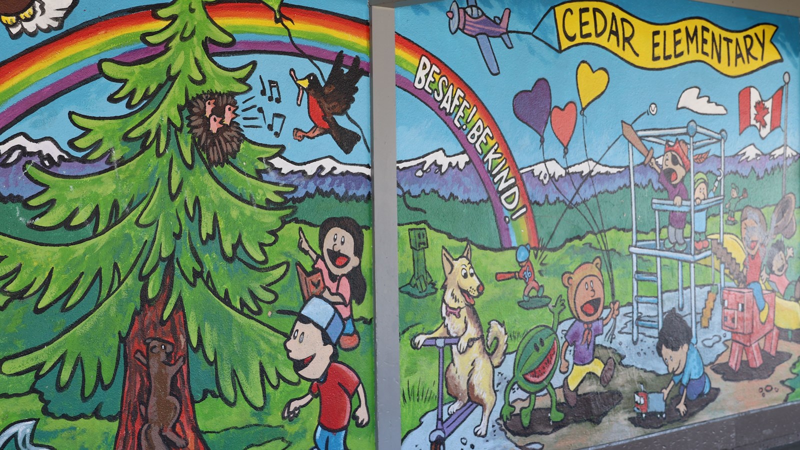 Painted mural at front of Cedar Elementary School.